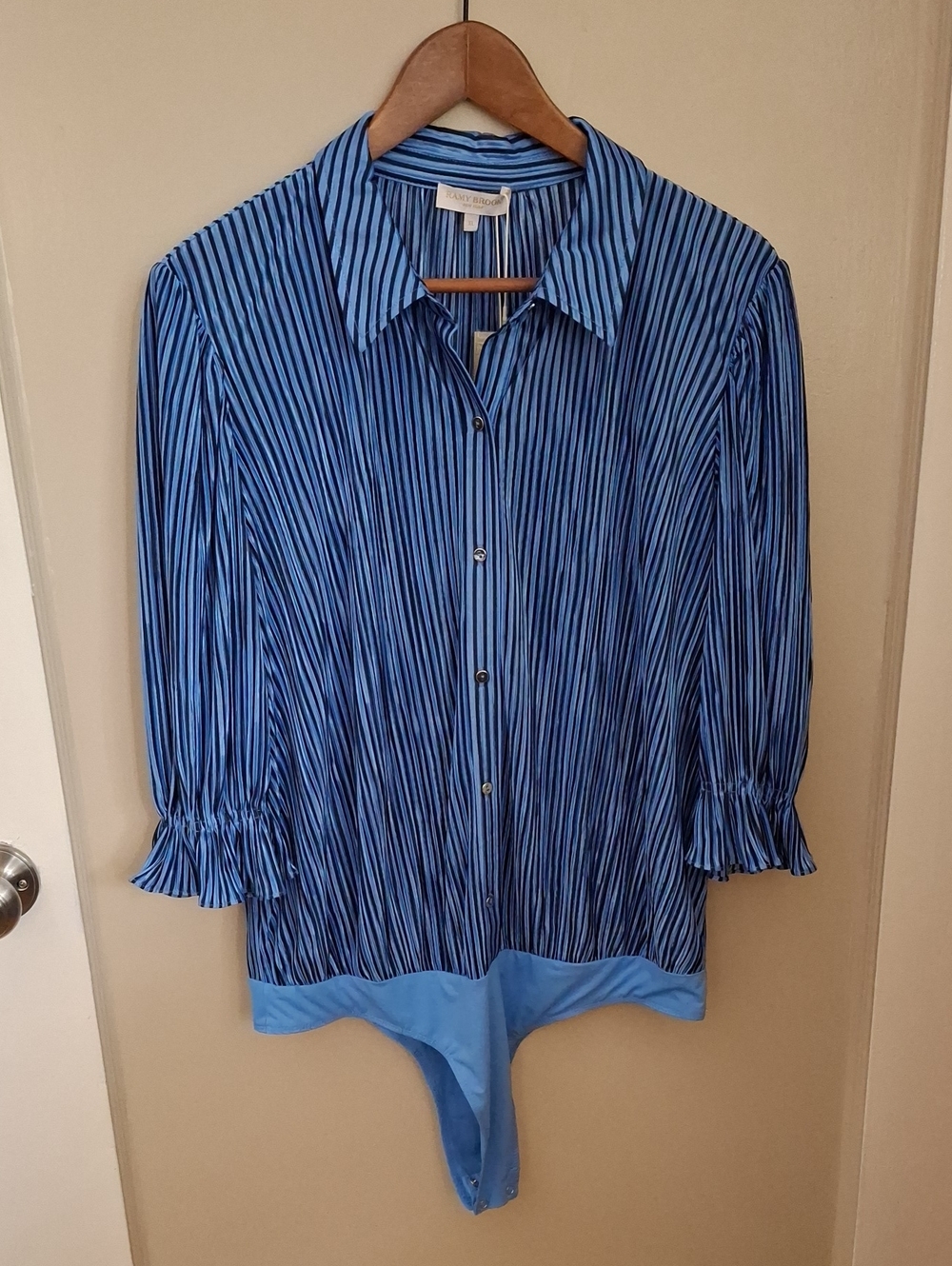 NWT Ramy Brook Navy and Light Blue Striped Pleated Button-Down Bodysuit Shirt_1